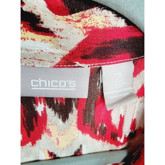 Chico's 2 Multicolor Button Front Top Shirt Size L Tan Red Brown Southwest Style - Picture 7 of 8